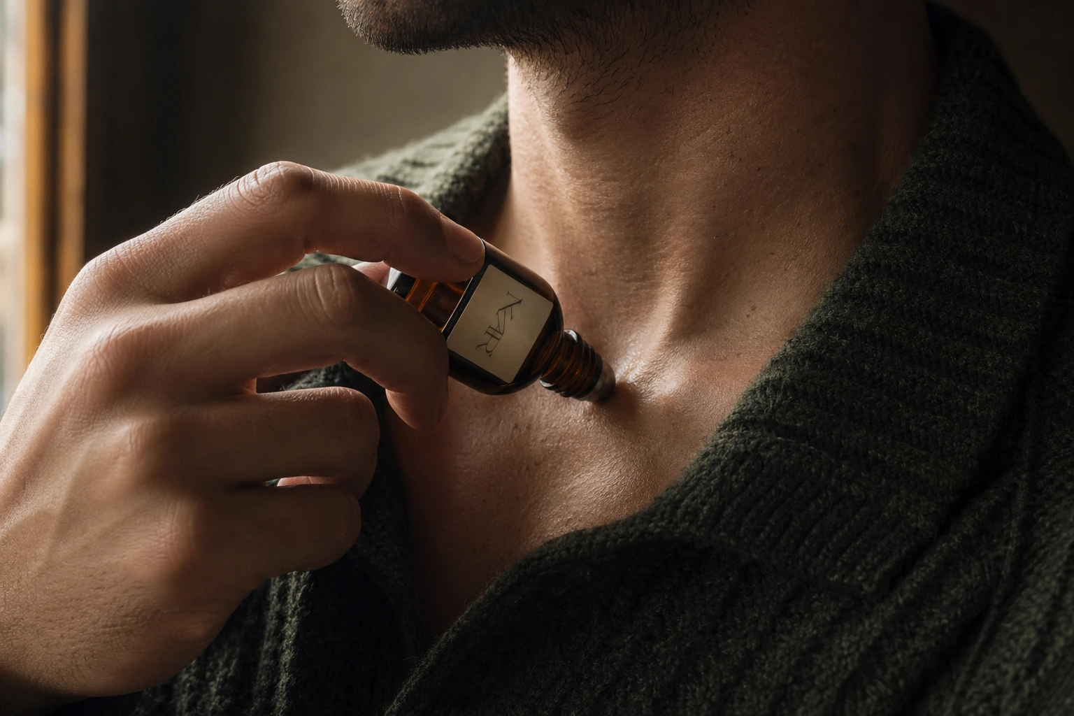 Applying fragrance oil at the collarbone beside a forest green knit collar